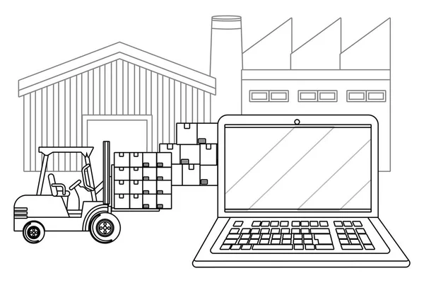 Ordinateur portable avec chariot élévateur en noir et blanc — Image vectorielle