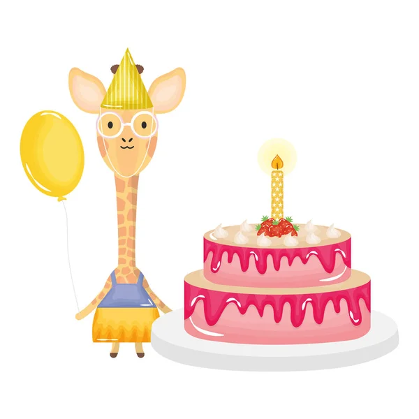 Girafe mignonne avec gâteau sucré dans la fête d'anniversaire — Image vectorielle