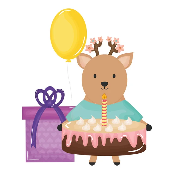 Cute reindeer with sweet cake and gift in party celebration — Stock Vector