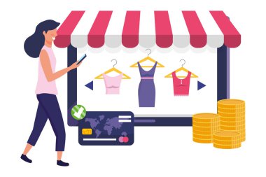 Kadın alışveriş online vektör çizim