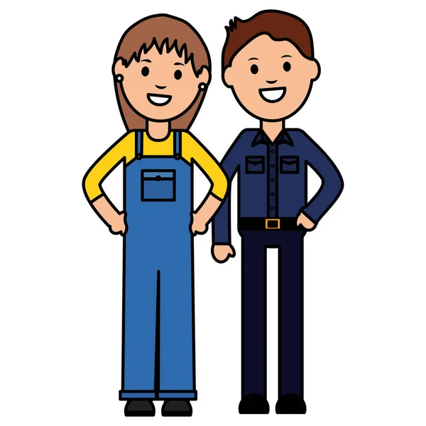 Mujer constructora trabajador con joven hombre — Vector de stock