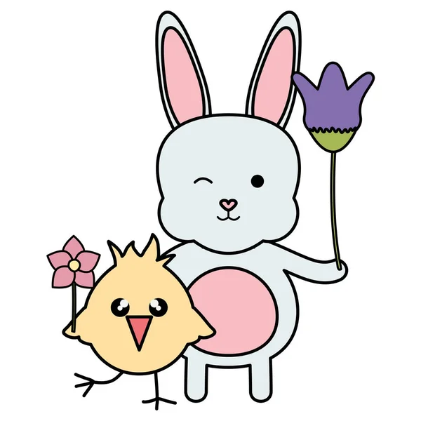 Pequeño polluelo y conejo personajes de Pascua — Vector de stock