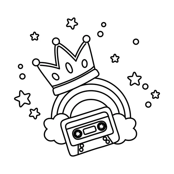Cassette avec couronne et arc-en-ciel noir et blanc — Image vectorielle