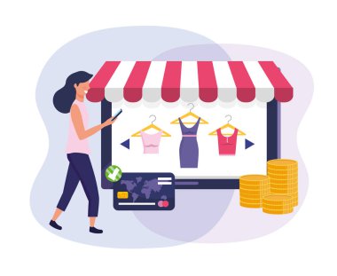 Tableti olan ve alışveriş için kredi kartı olan bir kadın.