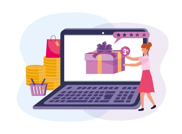 Woman with laptop technology and shopping online — Stock Vector