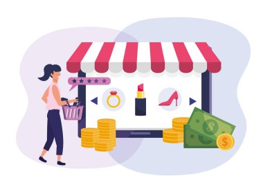 Alışveriş sepeti ve tablet teknolojisi olan bir kadın.