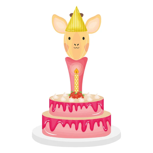 Cute giraffe with sweet cake in birthday party — Stock Vector