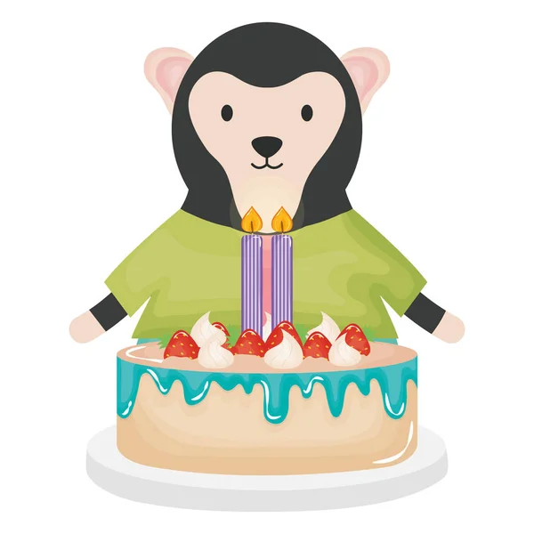 Cute monkey with sweet cake in birthday party — Stock Vector