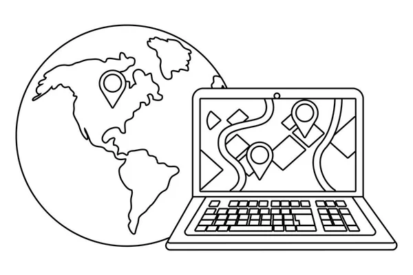 笔记本电脑与地球仪在黑色和白色 — 图库矢量图片