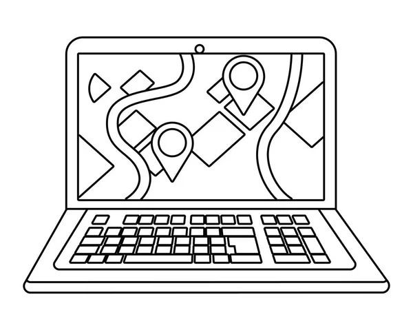 Laptop mostrando mapa em preto e branco — Vetor de Stock