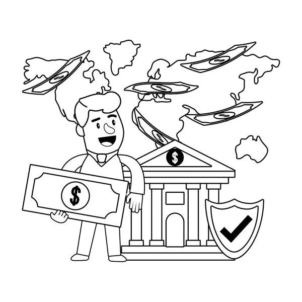 Consumidor operaciones bancarias cliente feliz blanco y negro — Archivo Imágenes Vectoriales
