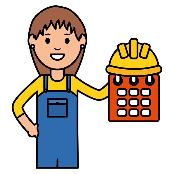 Female builder worker with helmet and calendar — Stock Vector