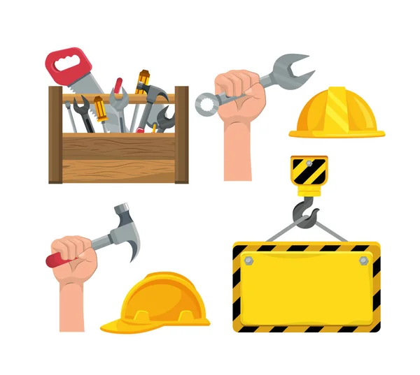 Set caja de construcción herramienta y mano con martillo — Vector de stock