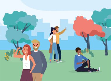 Parkta akıllı telefon iletişimi olan kadın ve erkekler