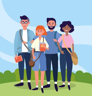 çalışma kitapları ve sırt çantaları ile uiversity kadın ve erkek