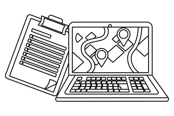 Ordinateur portable avec check-list en noir et blanc — Image vectorielle