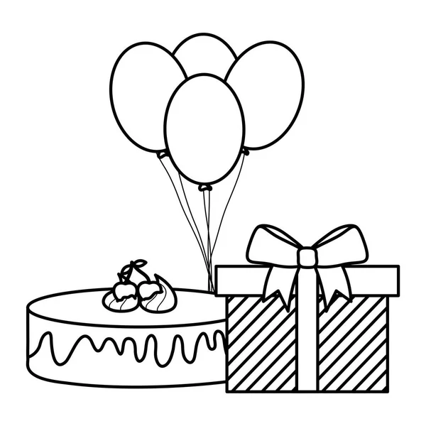 Подарункова коробка з солодким тортом і повітряними кулями гелій плаває — стоковий вектор
