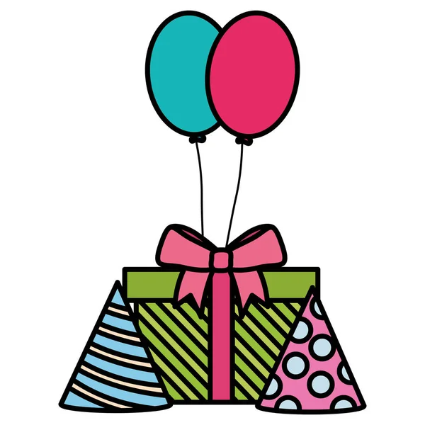 Caja de regalo con sombrero de fiesta y globos de helio flotante — Vector de stock