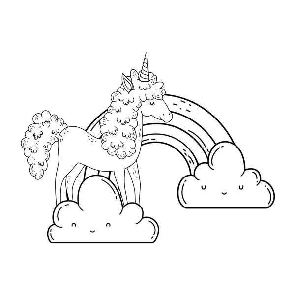 Belle petite licorne dans les nuages et arc-en-ciel — Image vectorielle