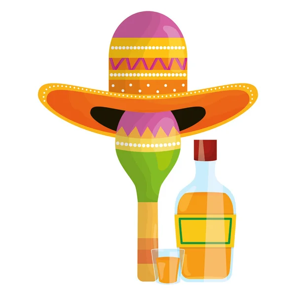 Maraca mit mexikanischem Hut und Tequila-Flasche — Stockvektor