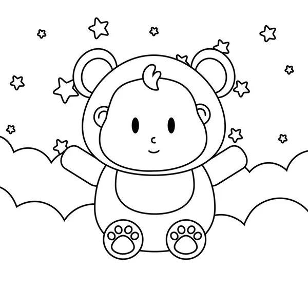 Costume d'ours assis sur un nuage en noir et blanc — Image vectorielle