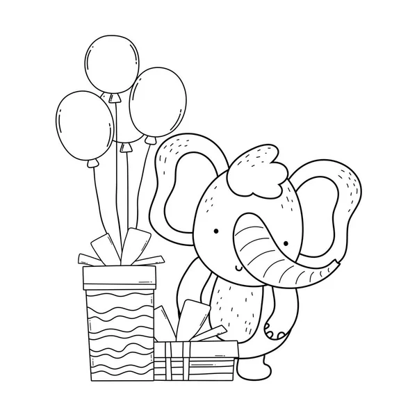 Elefante con regalos y globos helio — Vector de stock