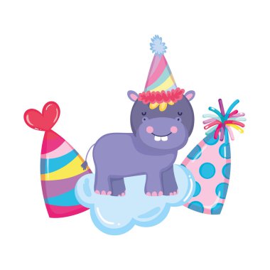 parti şapka ile sevimli ve küçük Hippo karakter