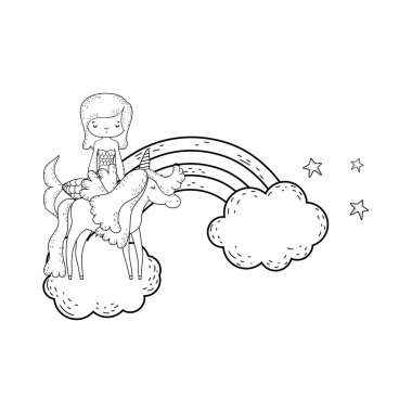 bulutlar içinde tek boynuzlu at ve gökkuşağı ile mermaid