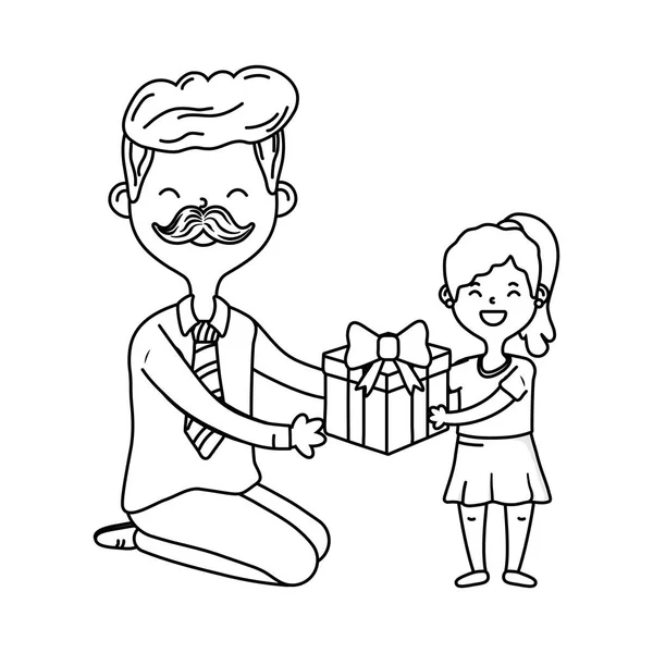 Homem e criança com presente preto e branco — Vetor de Stock