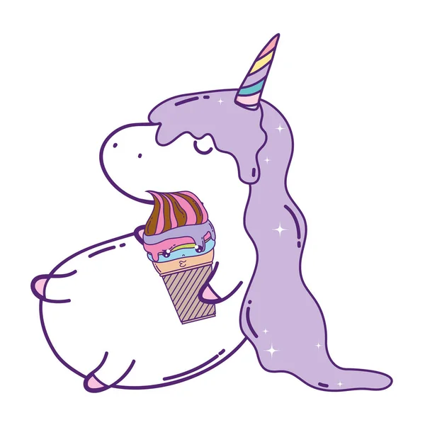 Unicorn lucu dengan es krim kawaii - Stok Vektor