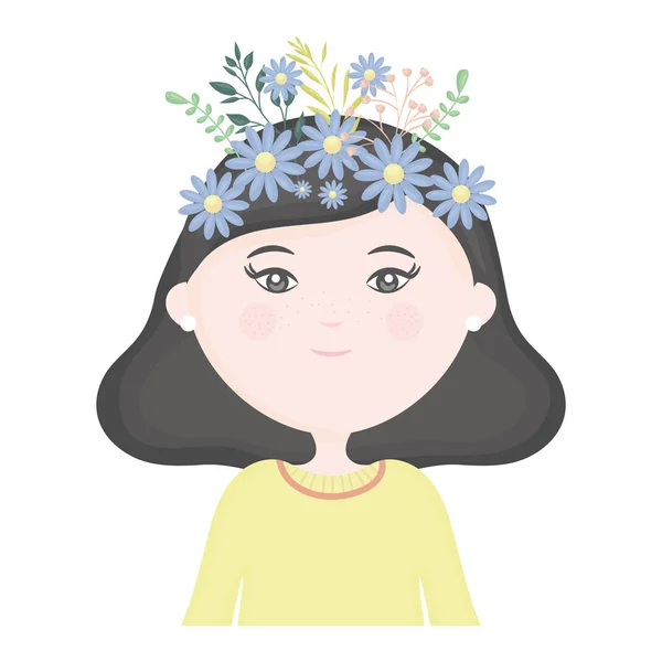 Linda niña con corona floral en el carácter del pelo — Vector de stock