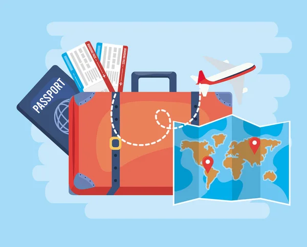 Проїзний багаж з глобальною картою та паспортом — стоковий вектор