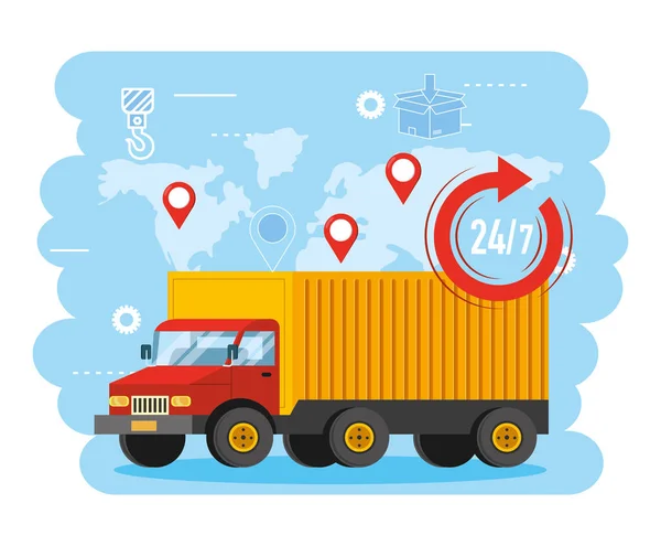 Truck transport with global map and location signs — Stock Vector