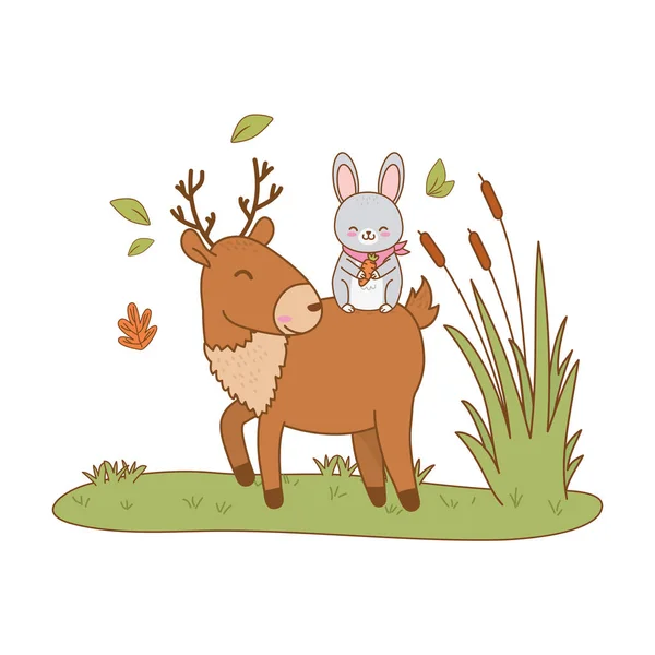 Cute rabbit and reindeer in the field woodland characters — Stock Vector