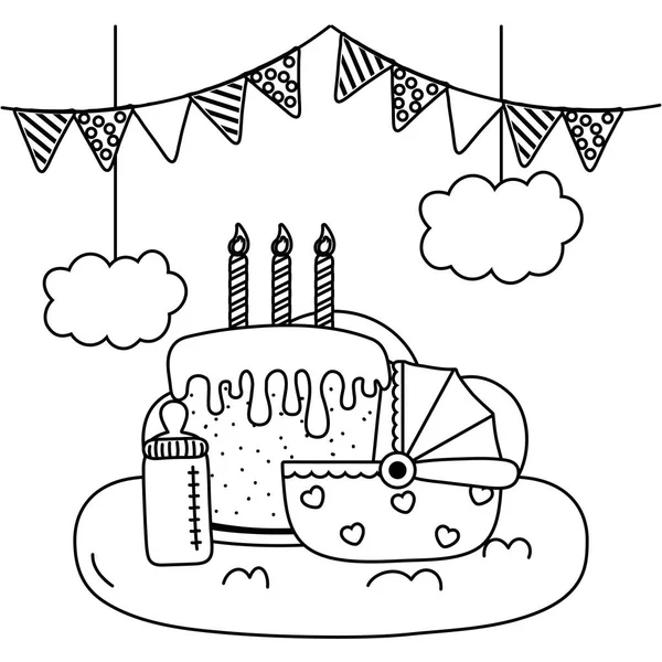 Cradle with birthday cake in black and white — Stock Vector