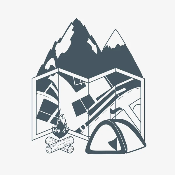 Étiquette wanderlust avec scène forestière et carte papier — Image vectorielle