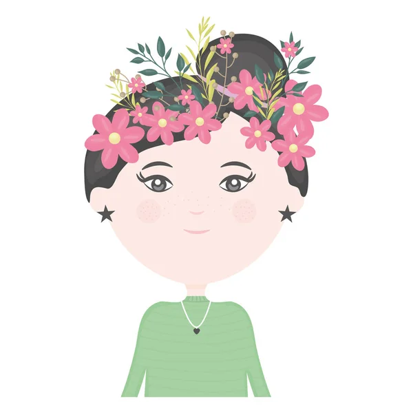 Linda niña con corona floral en el carácter del pelo — Vector de stock