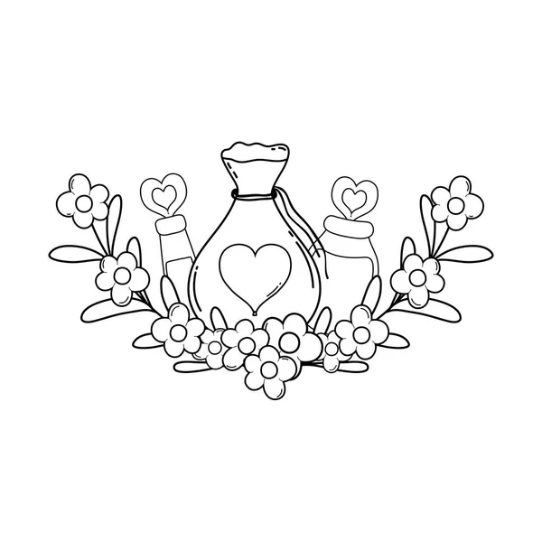 Amour poudre potion sac et bouteilles — Image vectorielle
