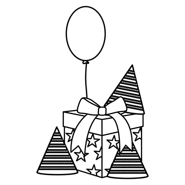 パーティー帽子と風船ヘリウム浮遊のギフトボックス — ストックベクタ