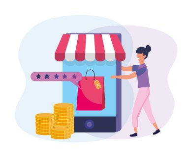 Kadın akıllı telefon teknolojisiyle online alışveriş yapıyor.