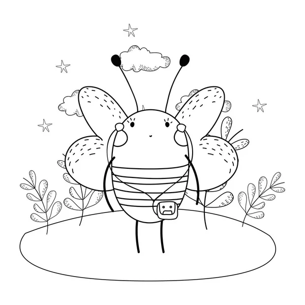 Malá roztomilá včela s walkmanem v táboře — Stockový vektor
