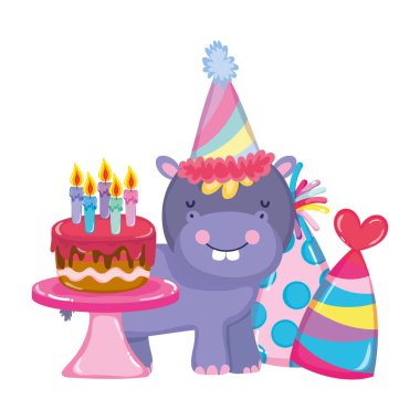 parti şapka ile sevimli ve küçük Hippo karakter