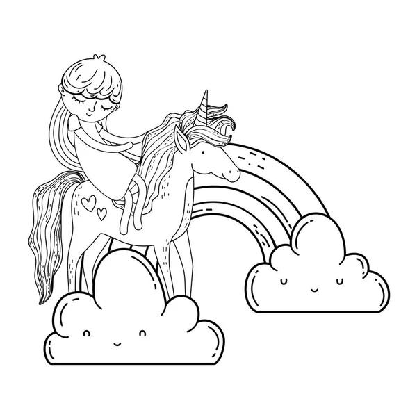 Маленький единорог и принцесса в облаках с радугой — стоковый вектор