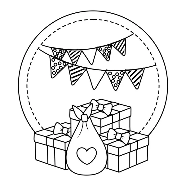 Cadre rond avec coffrets cadeaux en noir et blanc — Image vectorielle