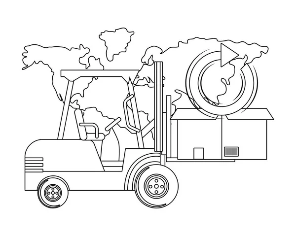 Chariot élévateur et boîte en noir et blanc — Image vectorielle