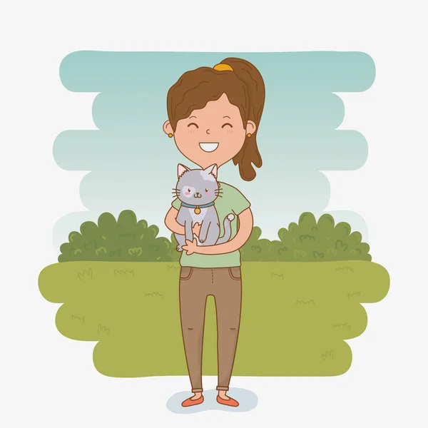 Young woman with cute cat mascot — Stock Vector