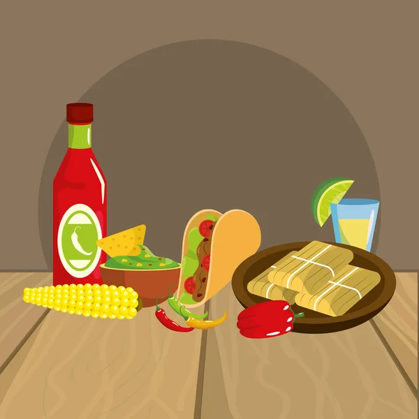 Delicious mexican food cartoon on restaurant table — Stock Vector