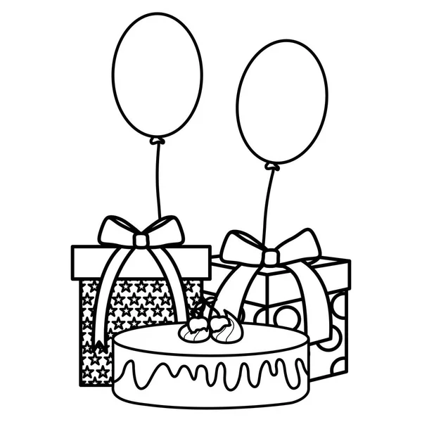 Caja de regalo con pastel dulce y globos de helio flotante — Archivo Imágenes Vectoriales