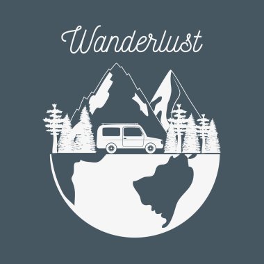 Orman sahnesi ve araç araç ile Wanderlust etiket