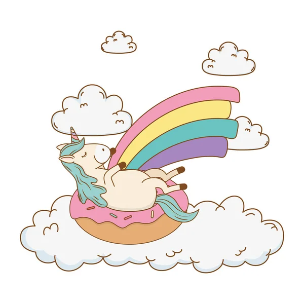 Drăguț unicorn basm în gogoasa cu curcubeu — Vector de stoc